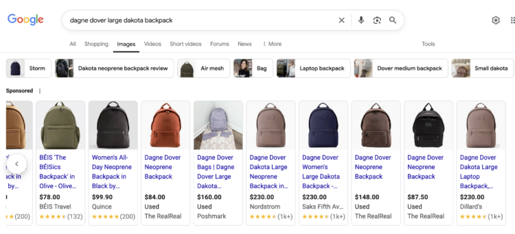 screenshot of Google showing new and used Dagne Dover Dakota backpacks for sale